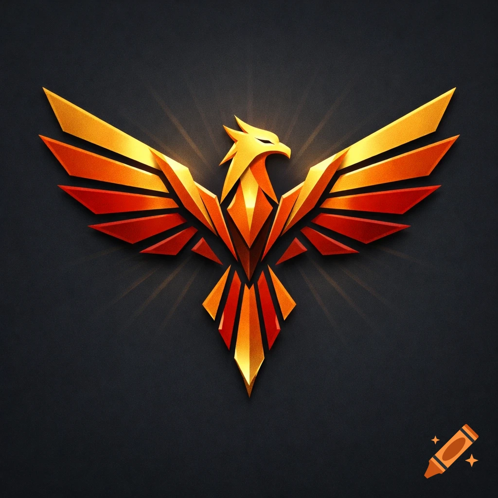 A stylized golden and red geometric phoenix logo with outstretched wings, set against a dark gray background with subtle light rays.
