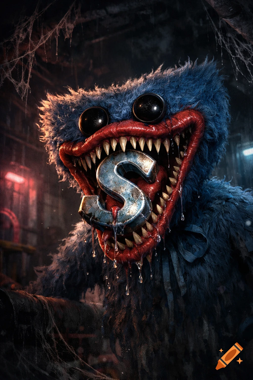 A scary, blue furry Huggy Wuggy monster with sharp teeth and drool holds a metallic letter S in a dark, web-filled setting.