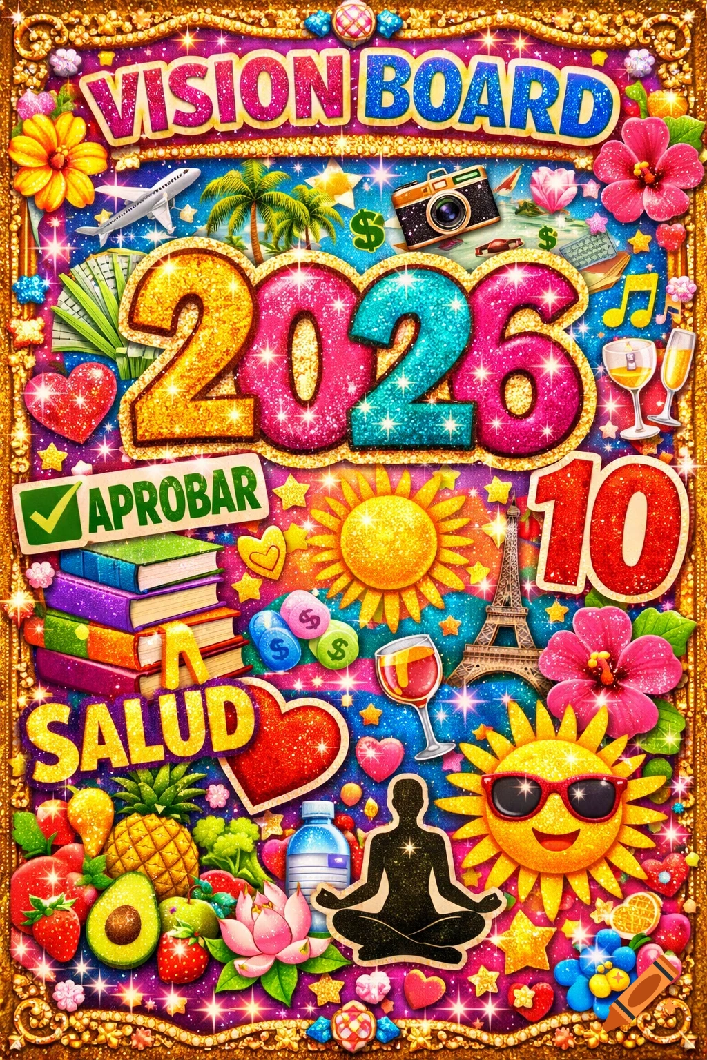 A colorful, glittery vision board for 2026 filled with icons representing health, learning, travel, and finance in a maximalist style.