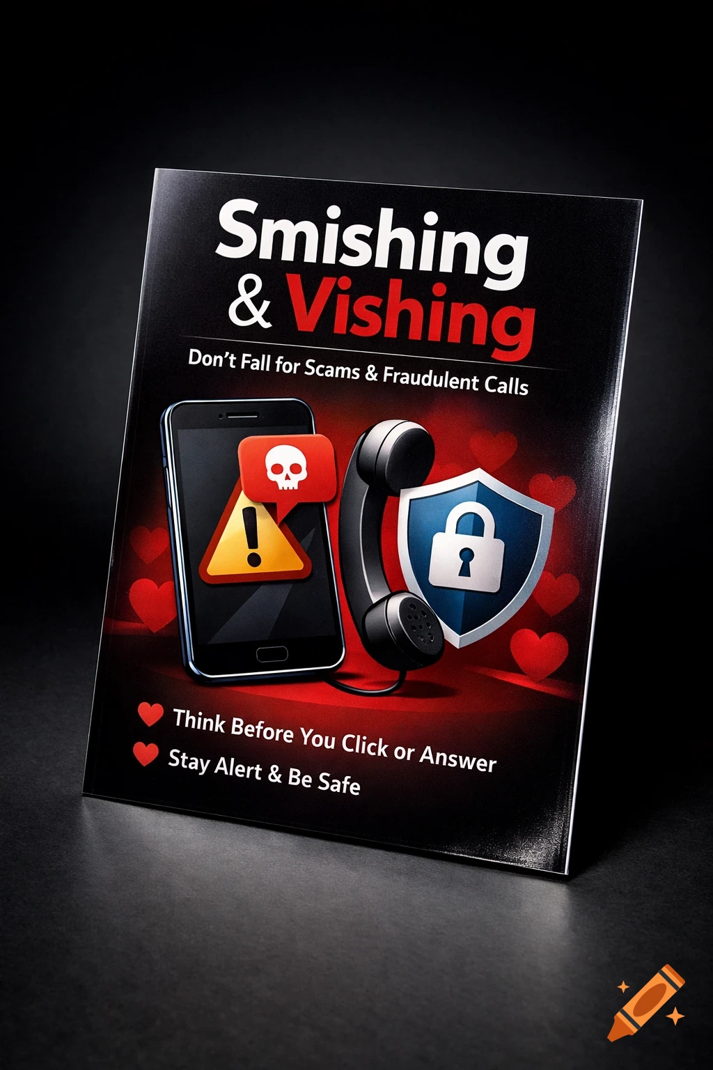 Realistic studio photo of a cybersecurity poster titled 'Smishing & Vishing', warning about scams with smartphone, skull, and shield icons.