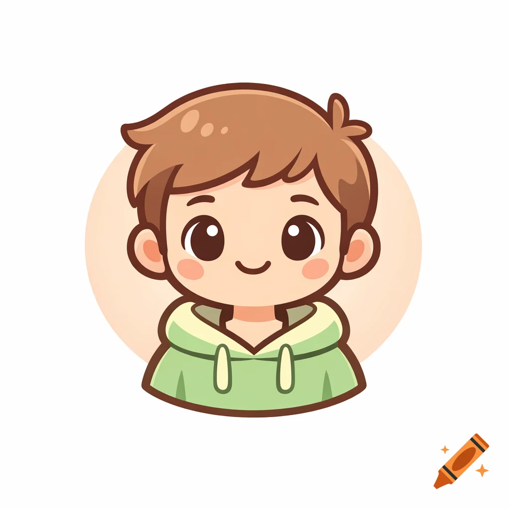 A cute cartoon logo of a boy with brown hair in a green hoodie, smiling.