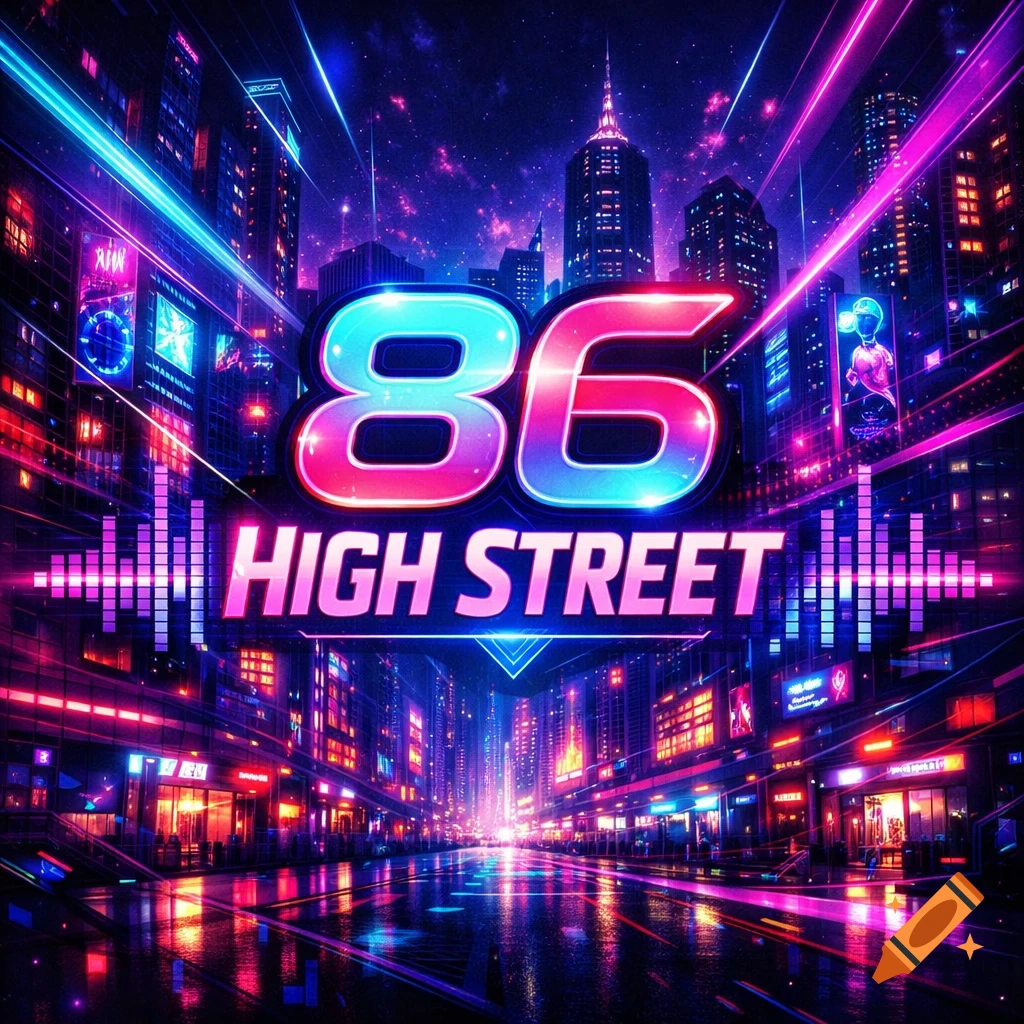Neon cityscape with the numbers 86 and words HIGH STREET in bright, glowing letters, reflecting on a wet street. Synthwave style.
