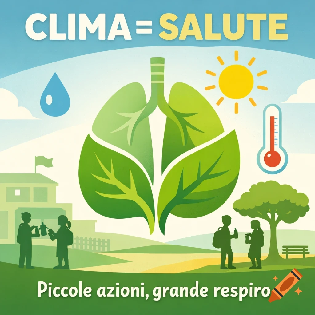Flat illustration depicting lungs formed by green leaves, with children, a school, and environmental symbols like a sun and water drop, promoting climate and health.