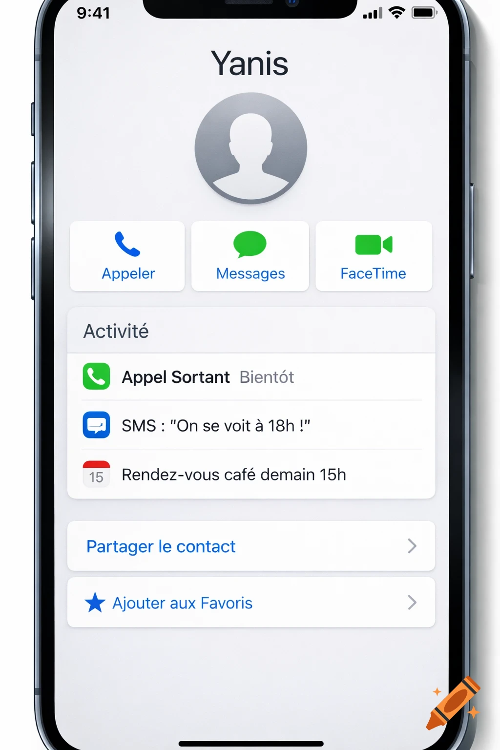 A photorealistic image of an iPhone screen displaying the contact page for 'Yanis' with options to call, message, and FaceTime.