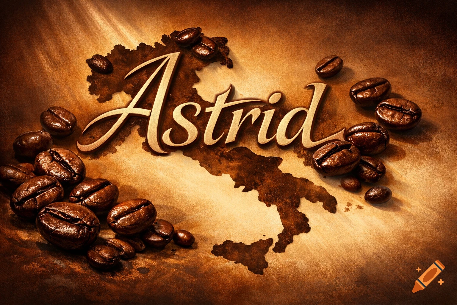 The name 'Astrid' in elegant script over a dark brown outline of Italy, surrounded by scattered coffee beans on a textured background.