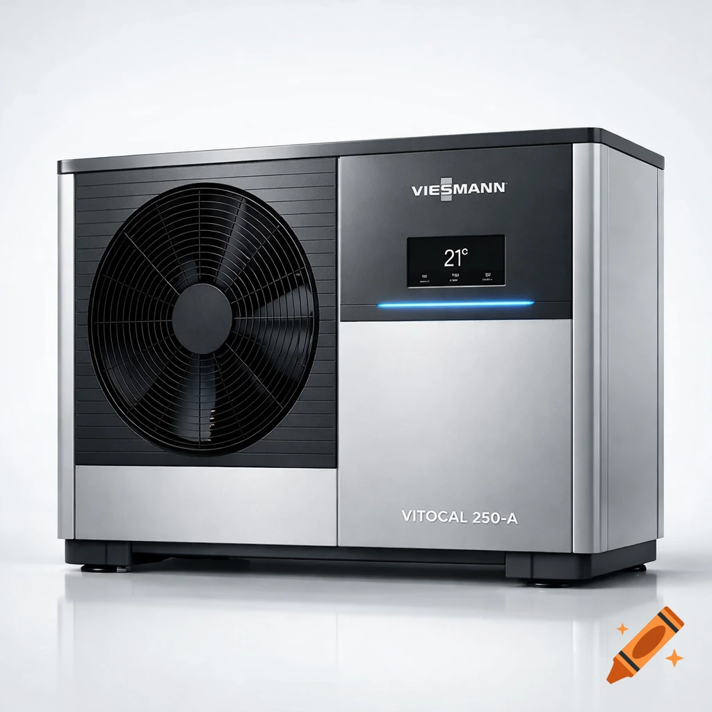 A modern Viessmann Vitocal 250-A heat pump, gray and black, with a digital display showing 21 degrees Celsius and a fan vent on the left, shown in a clean, photorealistic style.