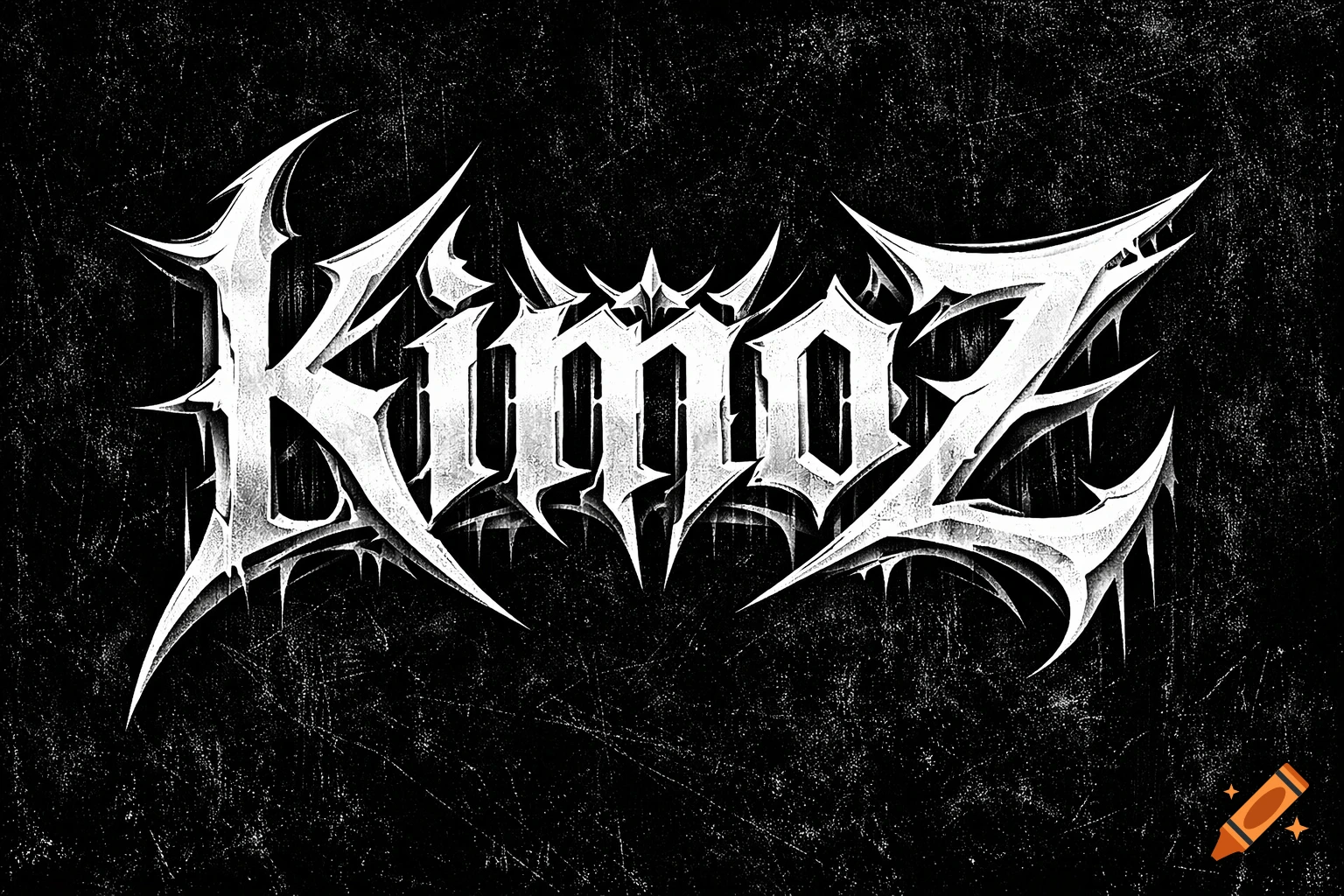 Stylized white and silver metal band logo text spelling 'Kimoz' on a dark grunge background.