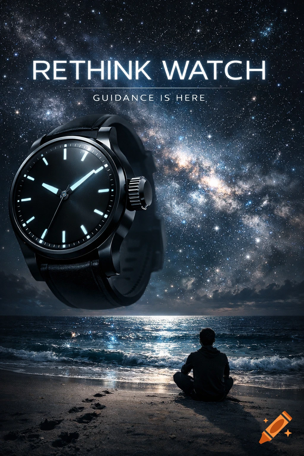 A black watch with glowing blue hands floats above a man sitting on a beach, looking out at a starry night sky and ocean. Text reads "RETHINK WATCH GUIDANCE IS HERE."