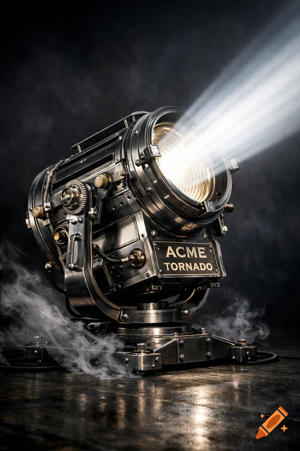 A detailed, photorealistic stage lighting fixture with 'ACME TORNADO' on a plate, emitting a bright beam of light amidst smoke.
