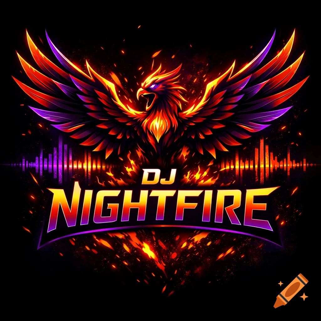 Vibrant DJ Nightfire logo with a fiery phoenix spreading its orange and purple wings, surrounded by fire and sound waves on black.