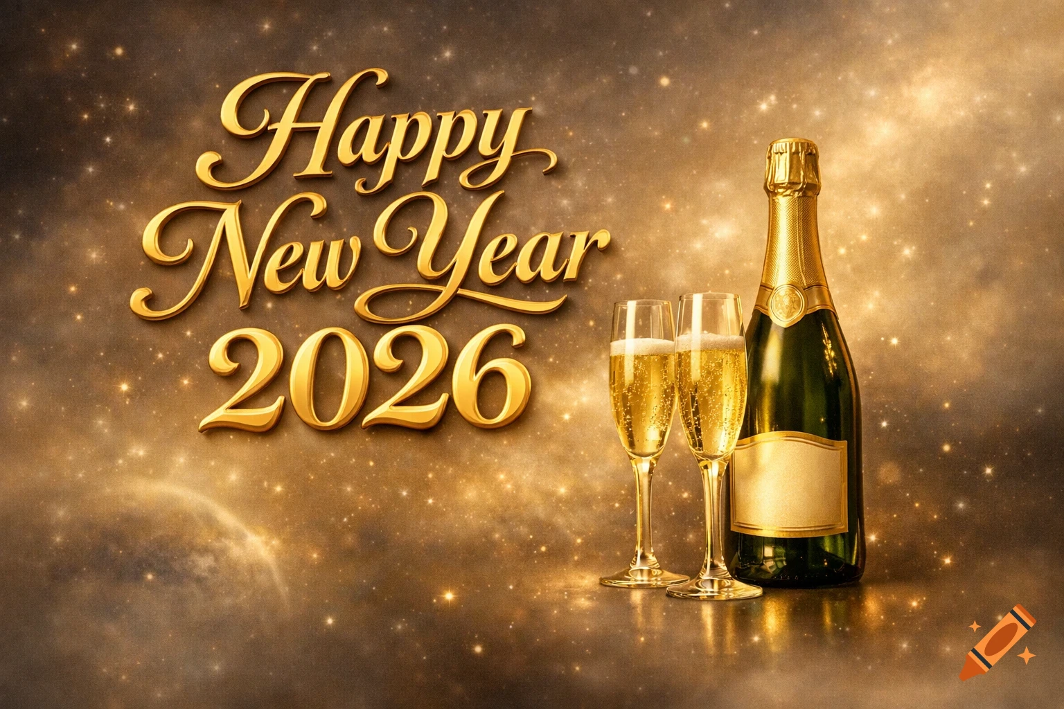 Golden "Happy New Year 2026" text with a champagne bottle and two full glasses against a sparkling, festive background.