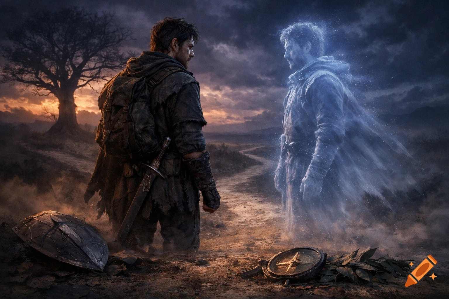 A warrior faces a glowing spectral version of himself in a dark, desolate fantasy landscape with a bare tree, stormy sky, and discarded gear.