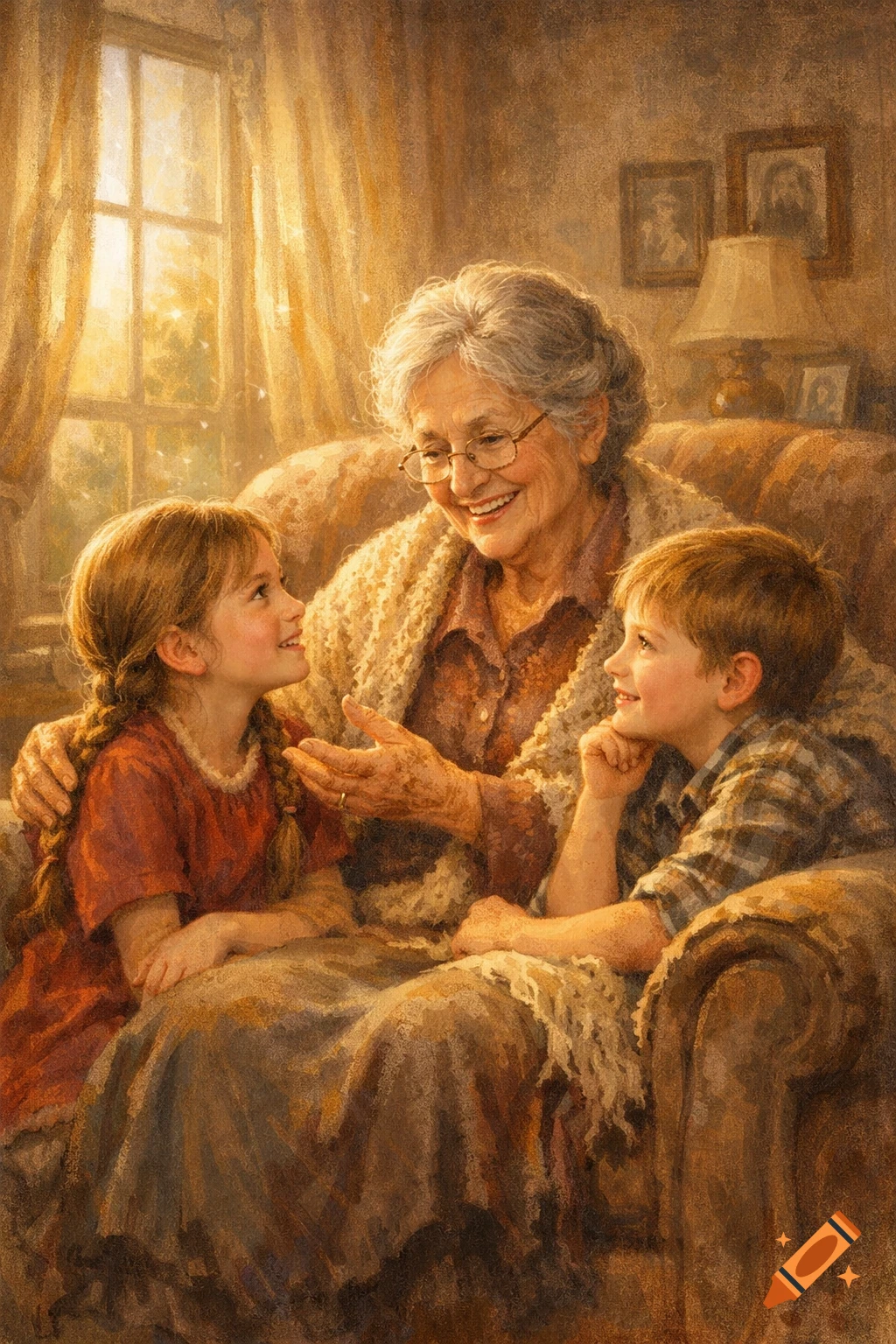 A warmly lit illustration of a smiling grandmother telling stories to her attentive granddaughter and grandson on a sofa.