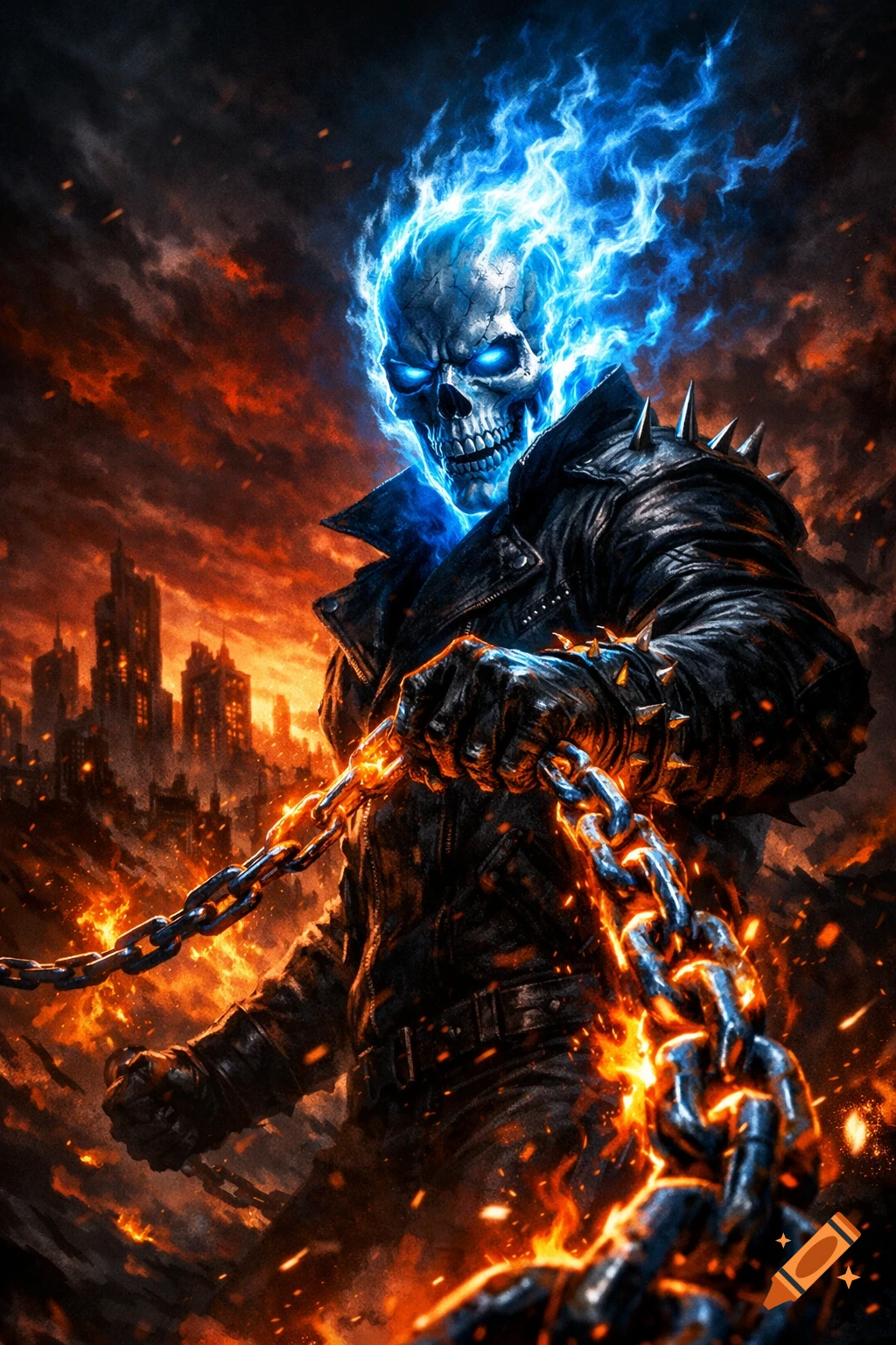 Ghost Rider with a blue flaming skull and fiery chain stands before a burning cityscape in a dramatic comic book style.