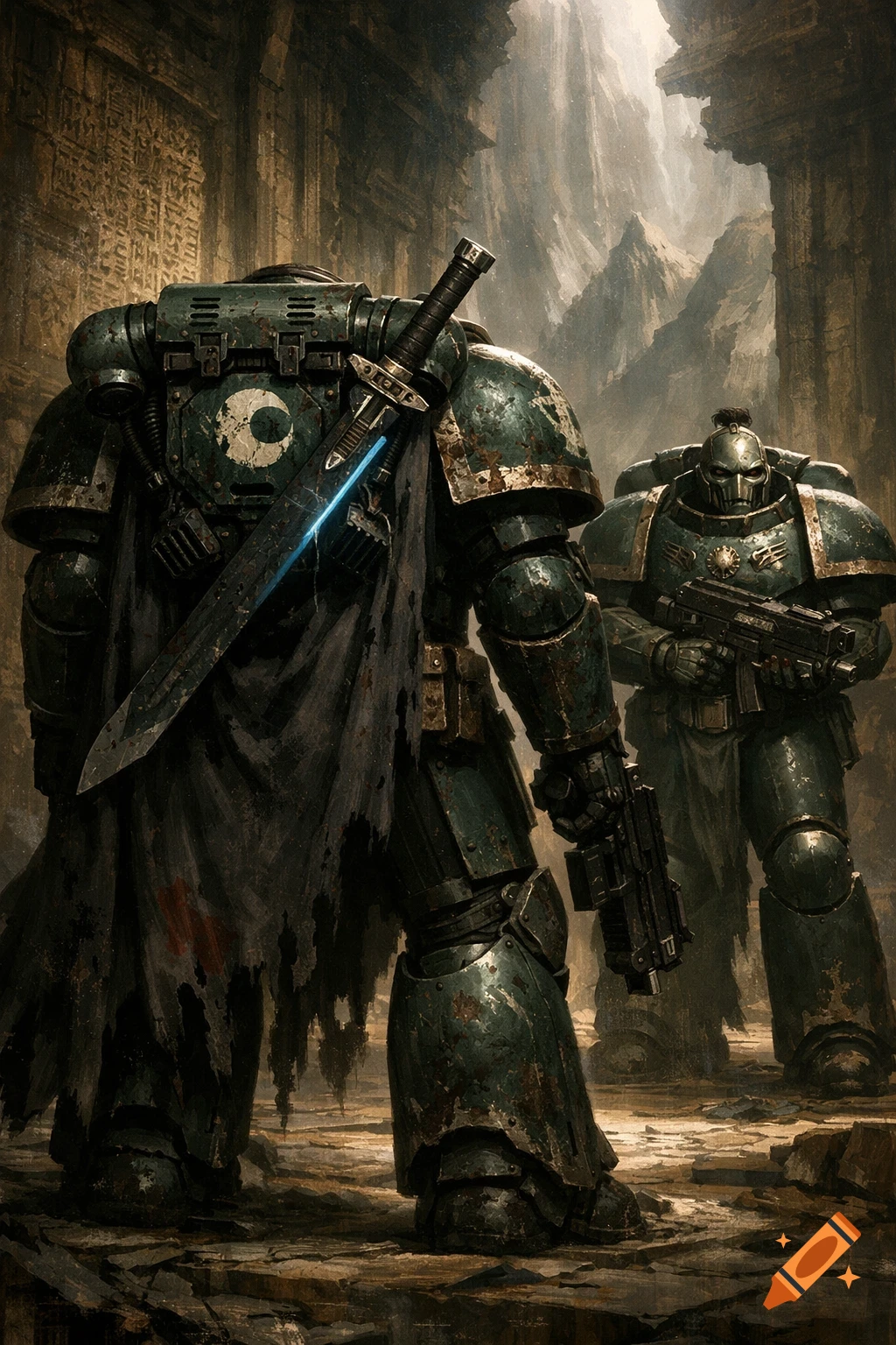 Two heavily armored space marines, one with a sword and tattered cape, stand in a ruined ancient temple with inscribed walls, in a dark, painterly style.