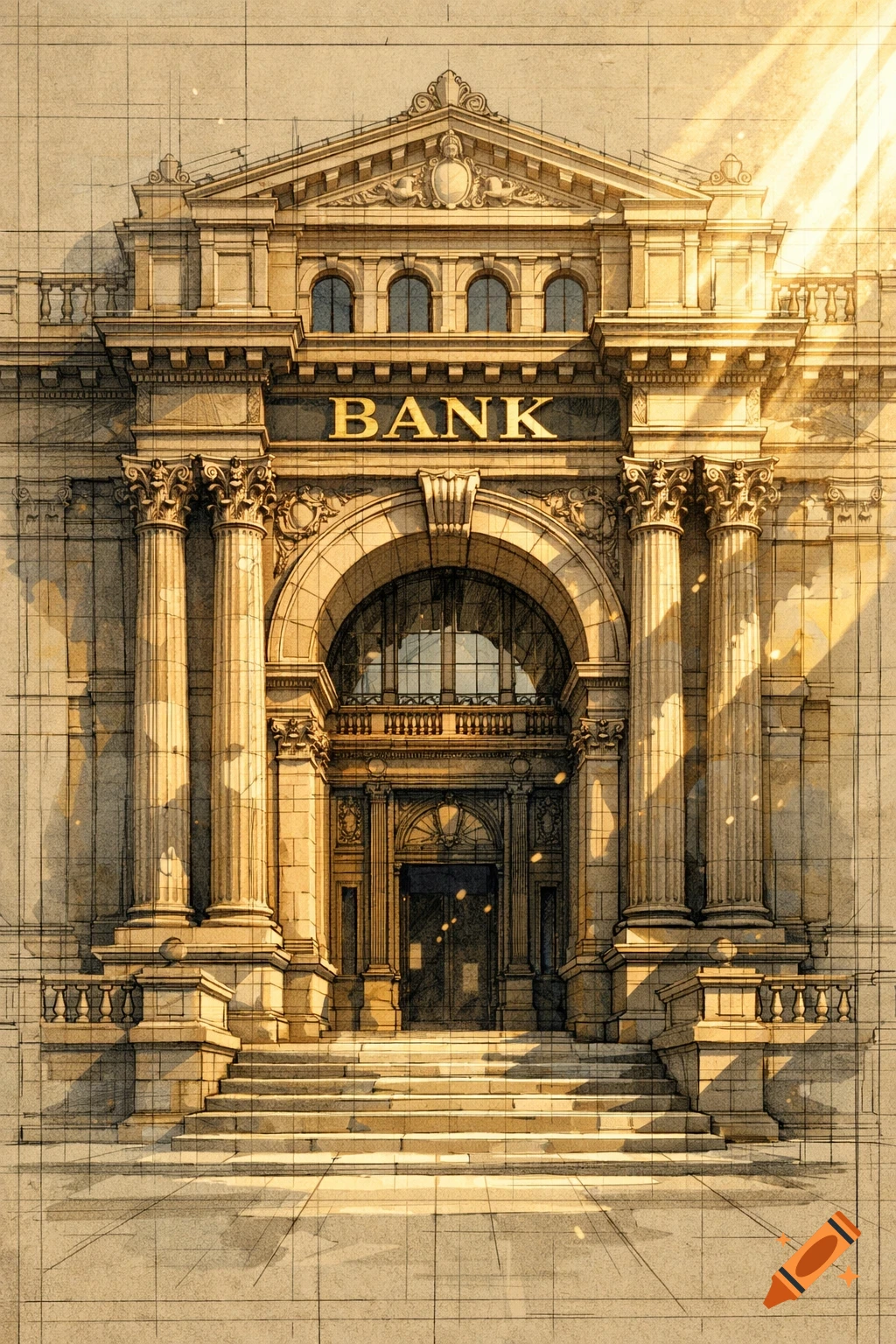 A detailed architectural drawing of a classical bank building with grand columns and an arched entrance, bathed in golden light.
