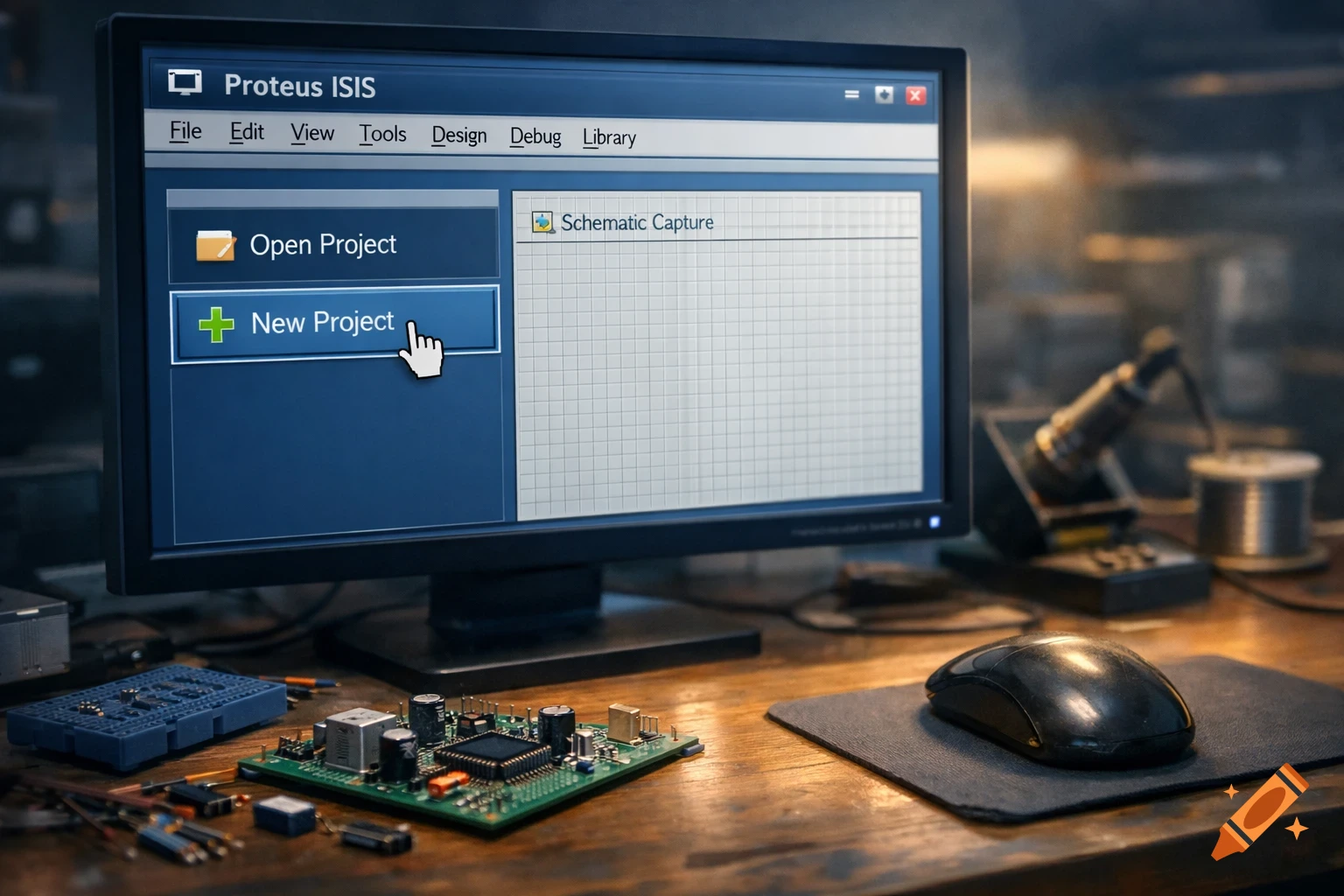 A computer screen shows "Proteus ISIS" software with "New Project" selected, on a workbench with electronic components and a mouse.