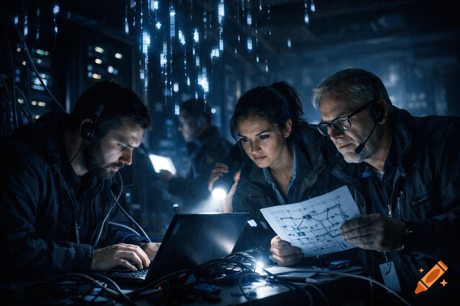 A diverse team, including a man typing on a laptop and a man and woman examining a blueprint with a flashlight, work in a dark, tech-heavy environment with glowing blue data streams.