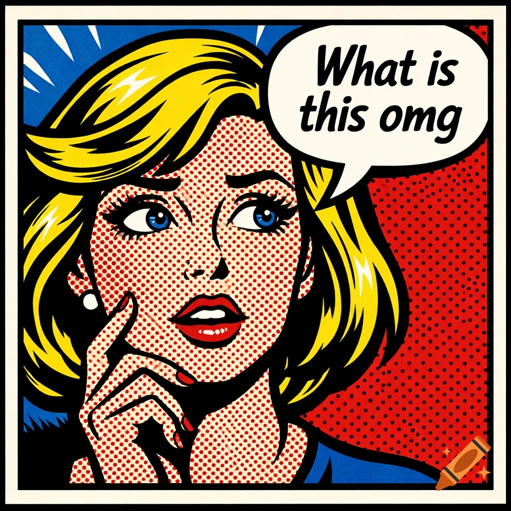 A Pop Art portrait of a surprised woman with yellow hair and red lips. A speech bubble reads, "What is this omg". The image features Ben-Day dots and strong black outlines in the style of Roy Lichtenstein.
