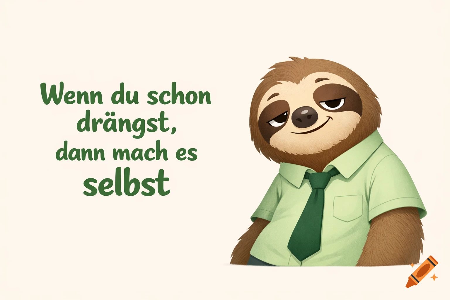 Cartoon sloth in a green office shirt and tie, leaning slightly with an ironic expression next to German text.