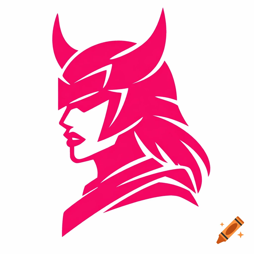 Pink monochrome symbol of a warrior woman with a horned helmet and thick lips, in profile.