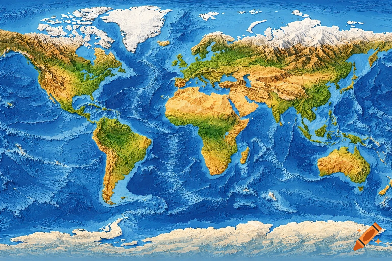 A detailed, colorful 3D relief map of the world showing continents, mountains, and ocean topography.
