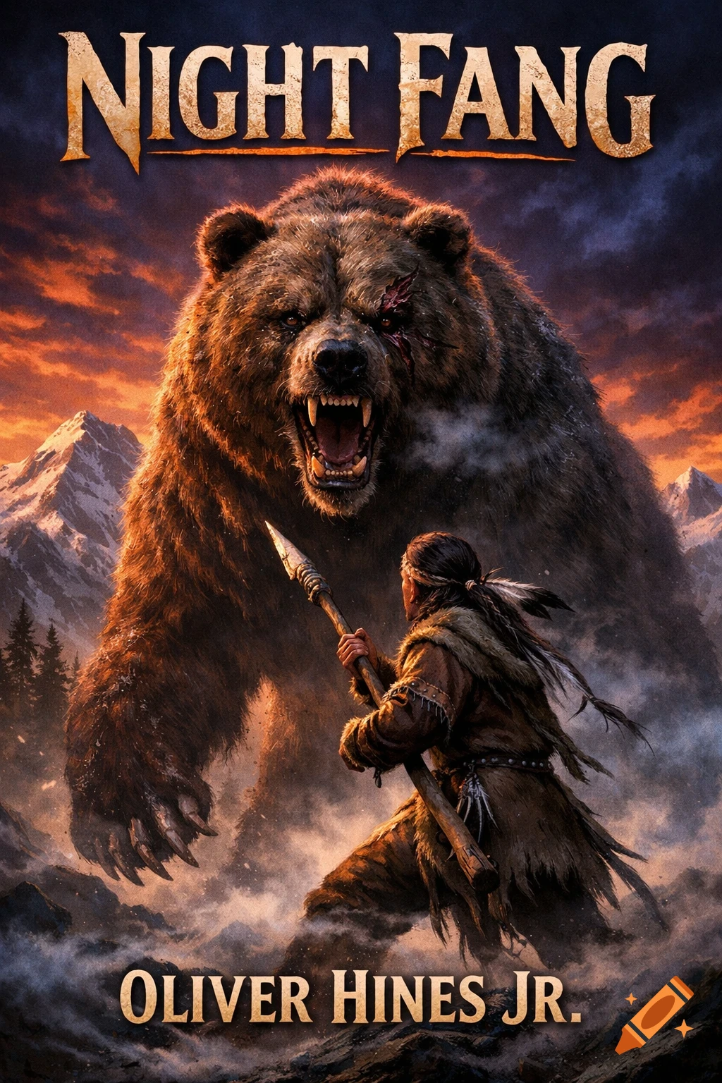 A colossal brown bear with a scar roaring at a native person holding a spear, in a snowy mountain landscape at sunset. Book title "NIGHT FANG" and author "OLIVER HINES JR."