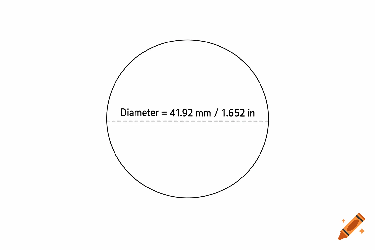 A white background with a black outline of a circle. A dashed line crosses the circle horizontally through its center, labeled "Diameter = 41.92 mm / 1.652 in".