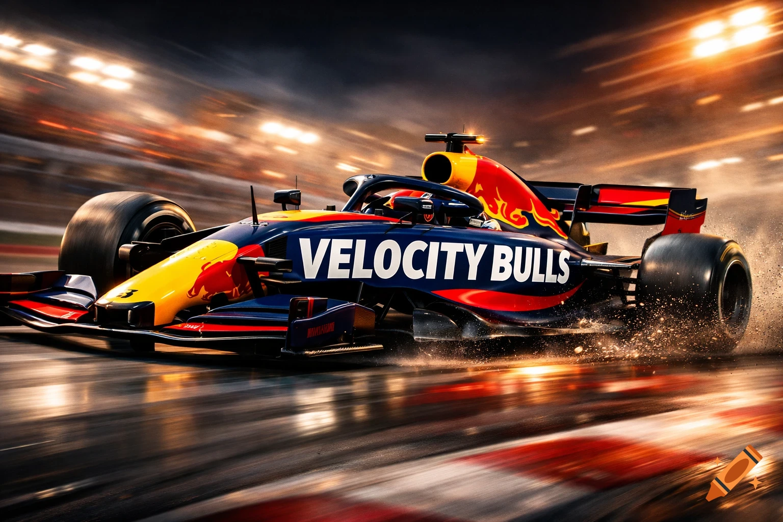A red, blue, and yellow F1 race car with "VELOCITY BULLS" on its side speeds on a track at night, with motion blur and sparks.