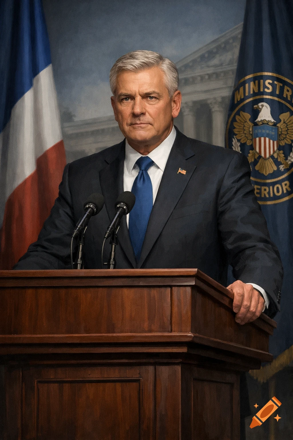 A serious man in a dark suit and blue tie stands at a wooden podium, with French and eagle-emblazoned flags behind him.
