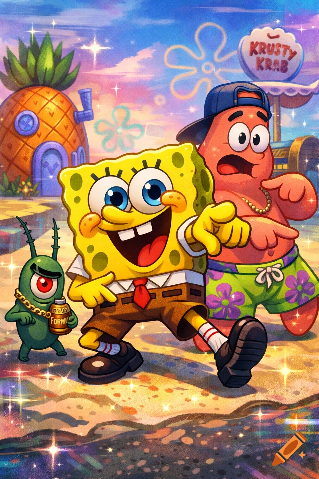 SpongeBob, Patrick in a backwards cap, and Plankton with a gold chain pose on a sparkly beach, with SpongeBob's pineapple house and the Krusty Krab in the background.