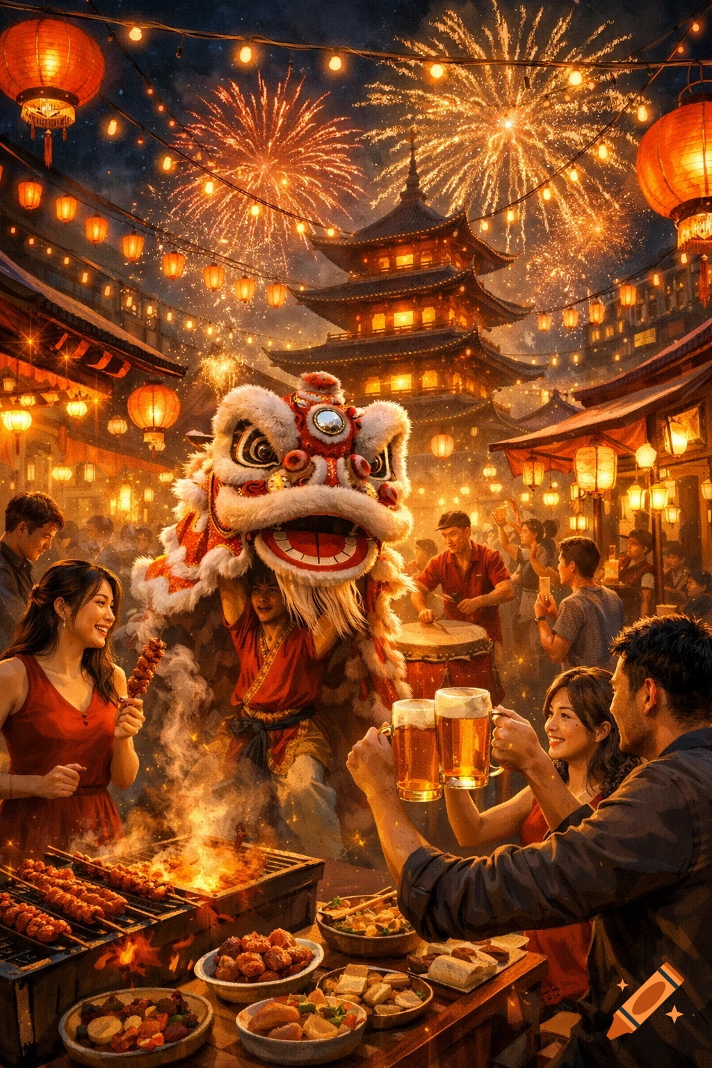 A vibrant Chinese festival night scene with a lion dance, glowing lanterns, fireworks, street food, and people enjoying drinks.