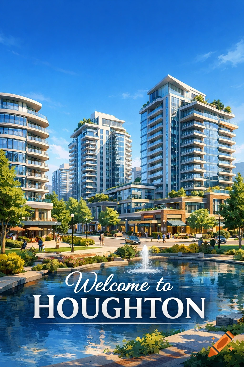 A modern city scene featuring tall glass residential buildings, lush trees, and a pond with a fountain, with 'Welcome to HOUGHTON' text.