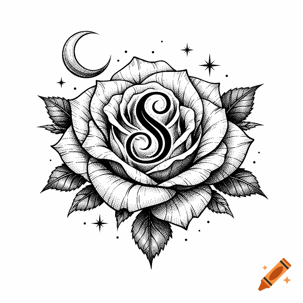 Black and white gothic tattoo art of a rose with a letter 'S' in its center, surrounded by a crescent moon and stars, in a fine-line dotwork style.