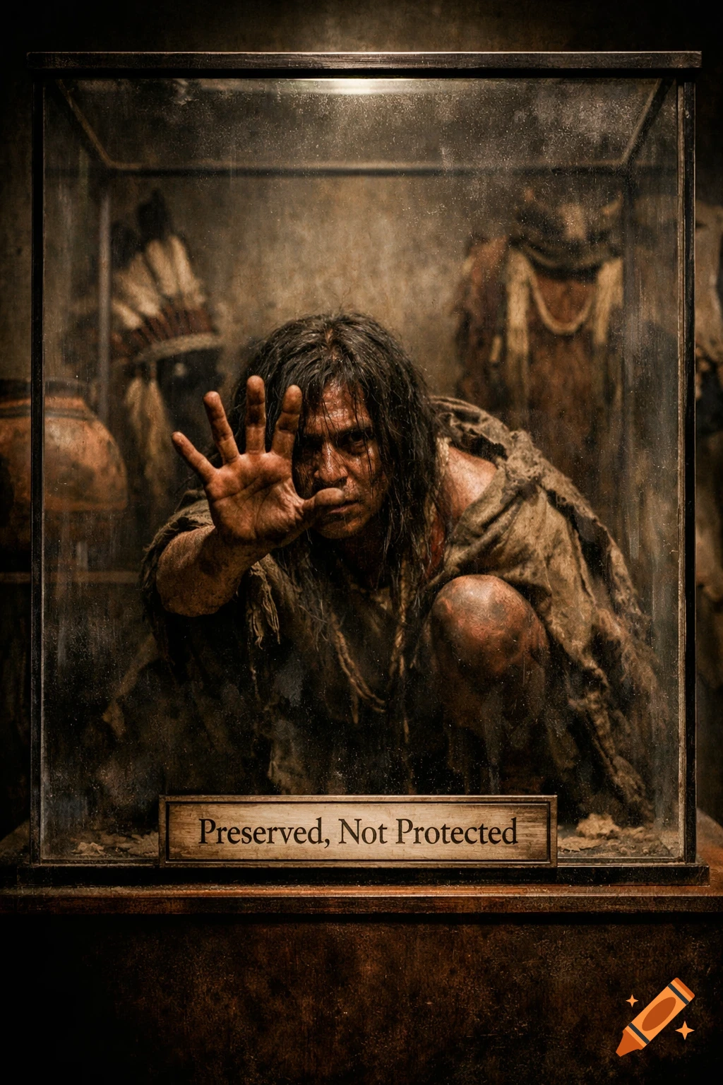 A distressed person in rags crouches inside a dirty glass museum display case, reaching a hand out. A plaque reads 'Preserved, Not Protected.' Photorealistic.