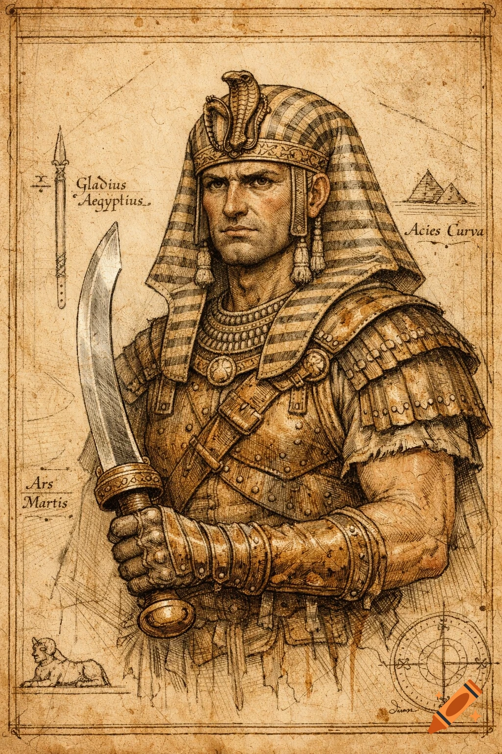 An antique scientific illustration of an Egyptian warrior with elaborate headwear and armor, holding a curved sword, on aged parchment with Latin labels.