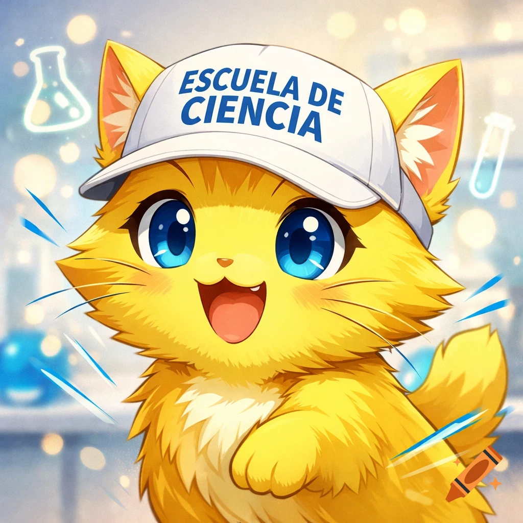 A happy, yellow cartoon cat with blue eyes wears a white cap with 'ESCUELA DE CIENCIA' on it, against a blurred science lab background.