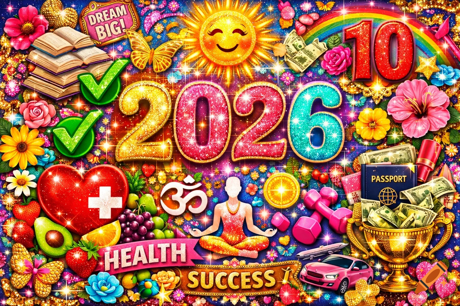 A glittery, maximalist vision board for 2026, filled with symbols of success, health, and travel, including books, checkmarks, fruits, a passport, dumbbells, and the text 'Dream Big!', 'Health', and 'Success'.
