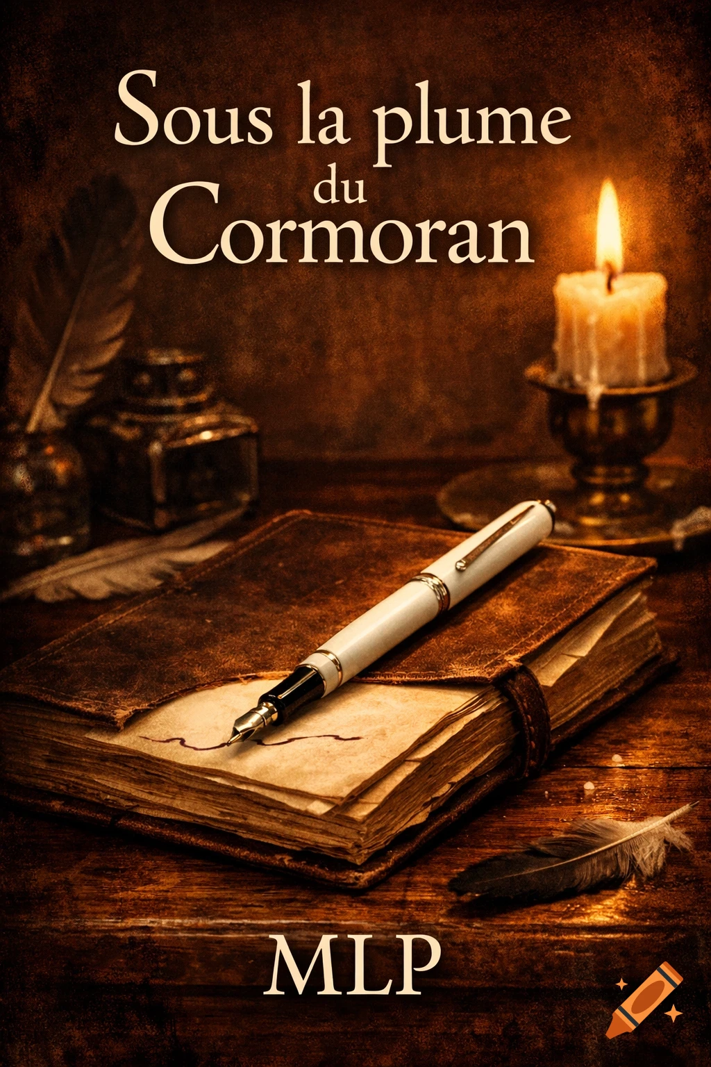 Photorealistic vintage book cover with an old leather-bound book, fountain pen, inkwells, quill, and lit candle. Title: Sous la plume du Cormoran, author: MLP.