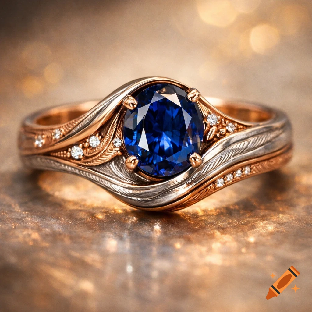 Close-up of an ornate ring featuring a large oval blue sapphire gemstone surrounded by diamonds and a two-tone gold and silver band with textured patterns.