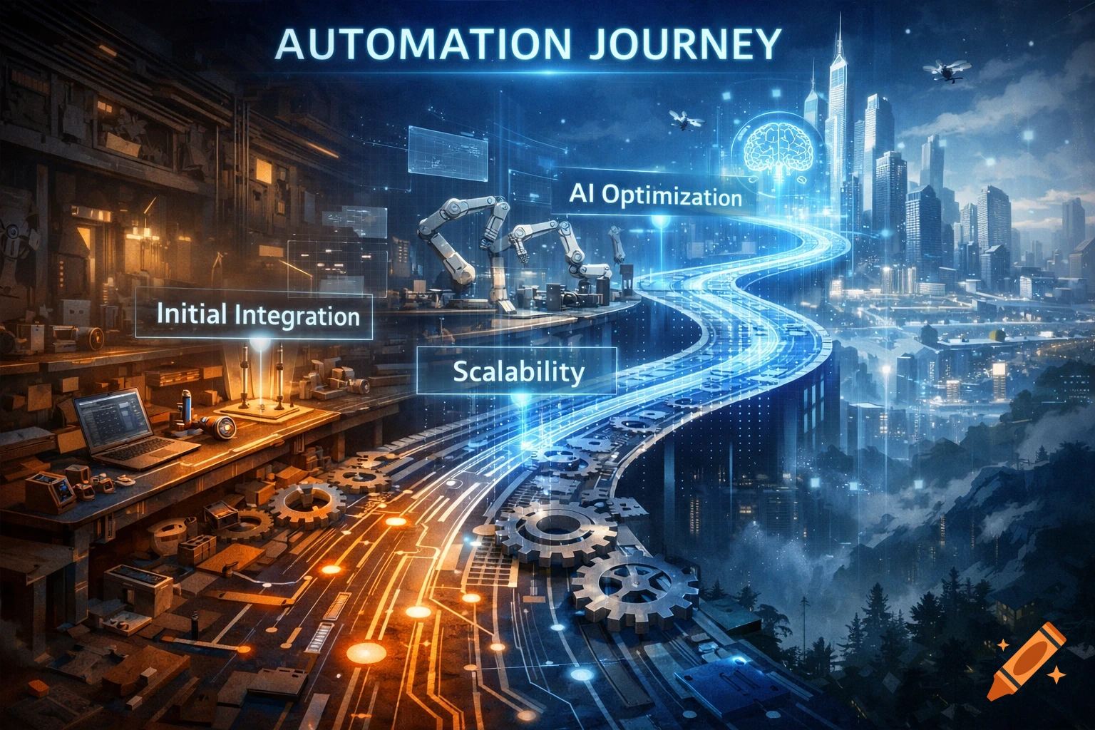 Futuristic digital roadmap illustrates an automation journey from an industrial workshop to a glowing cityscape, with robotic arms.