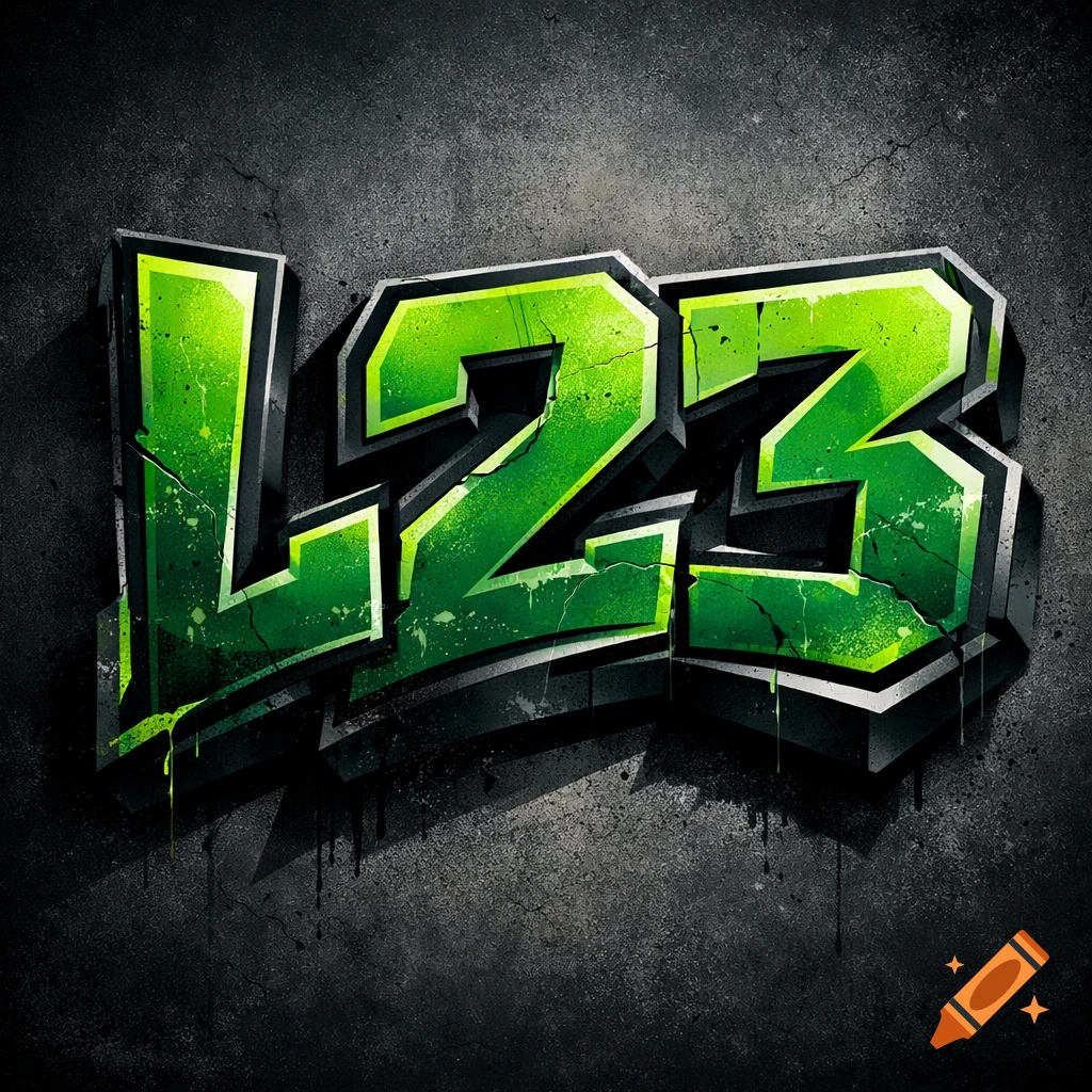 A vibrant green 3D graffiti-style logo spelling 'L23' against a dark, cracked concrete wall, with dripping paint effects.