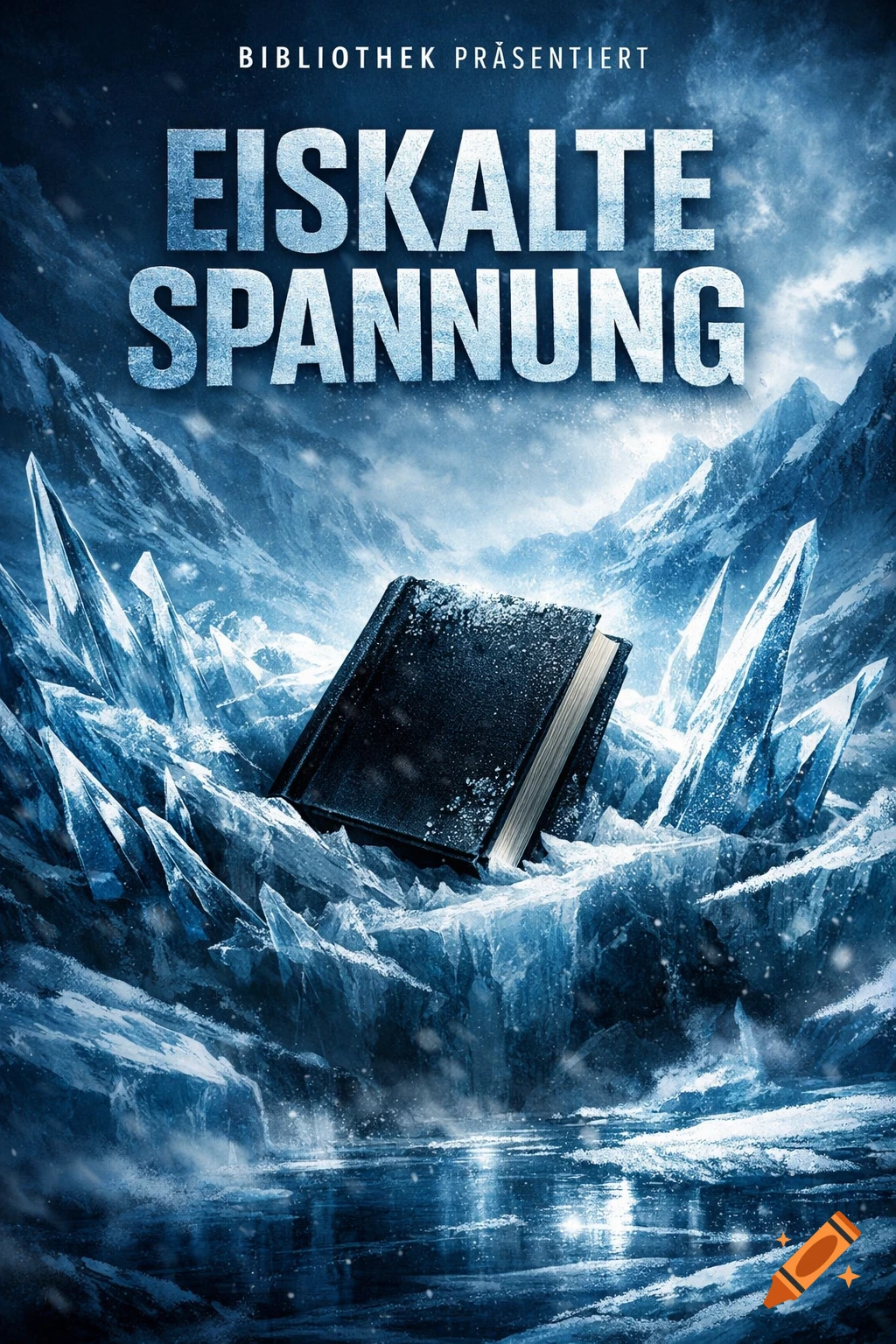 A poster titled 'Eiskalte Spannung' (Icy Tension) features a dark book half-submerged in ice and snow amidst jagged ice shards and snowy mountains.