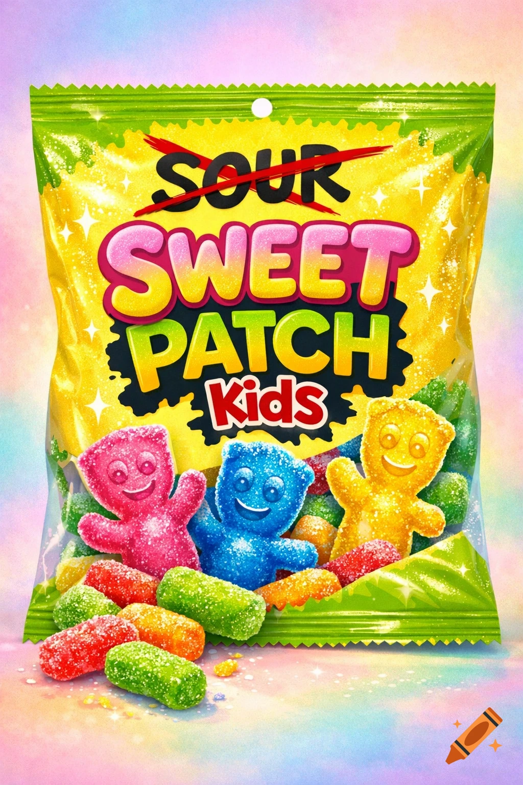 Vibrant bag of 'Sweet Patch Kids' candy with 'Sour' crossed out, featuring colorful sugar-coated gummies and bear candies.