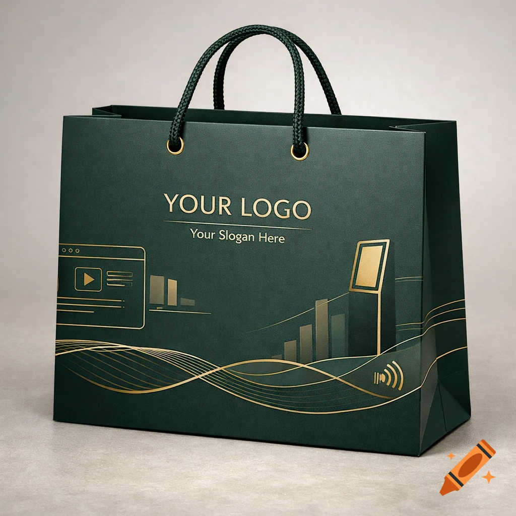 A dark green premium shopping bag with gold 'YOUR LOGO' text, abstract wave patterns, and subtle icons, featuring dark green braided handles.