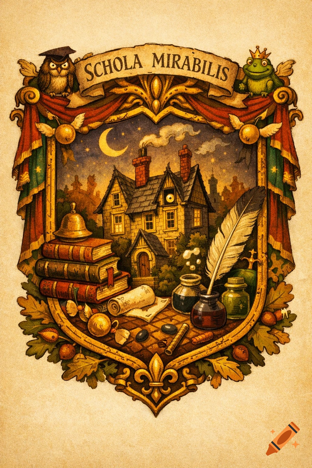 Whimsical crest with an owl, frog, house, books, quill, and ink, on a banner "SCHOLA MIRABILIS", in a detailed illustration style.