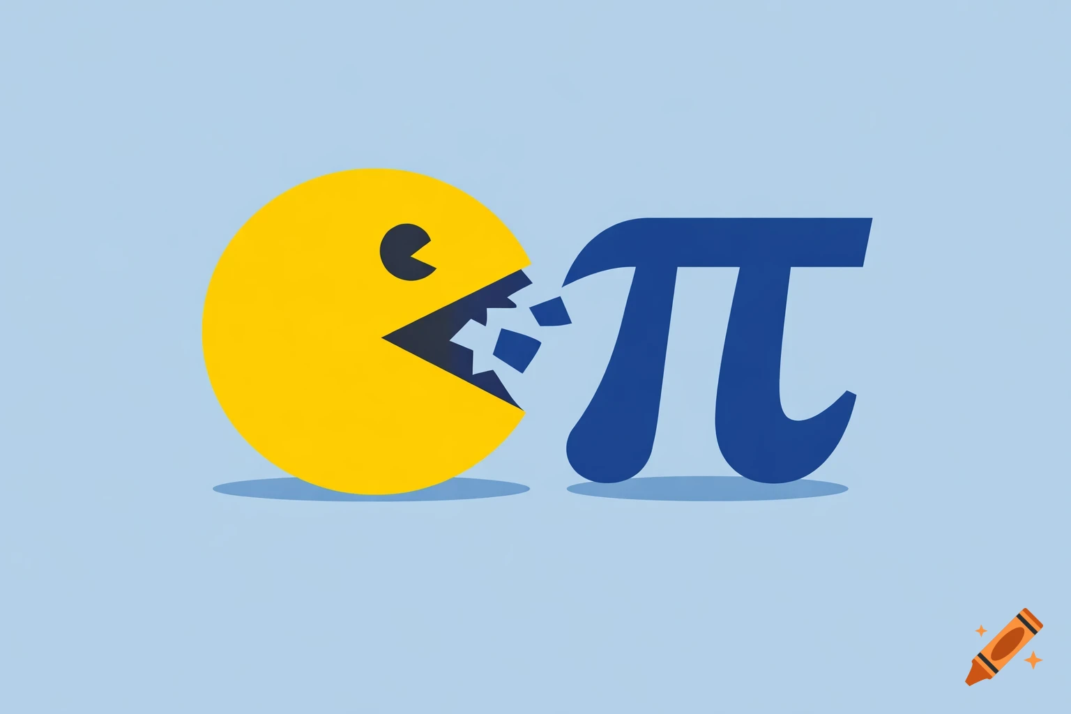 Yellow Pac-Man character eating a large blue Pi symbol, rendered in a flat 2D illustration style on a light blue background.