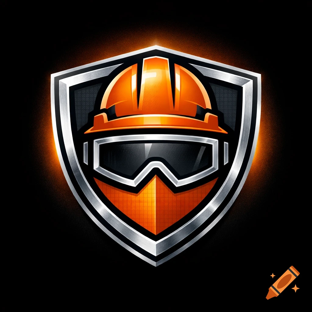 A stylized orange and silver shield logo featuring a construction hard hat and safety goggles on a black background.