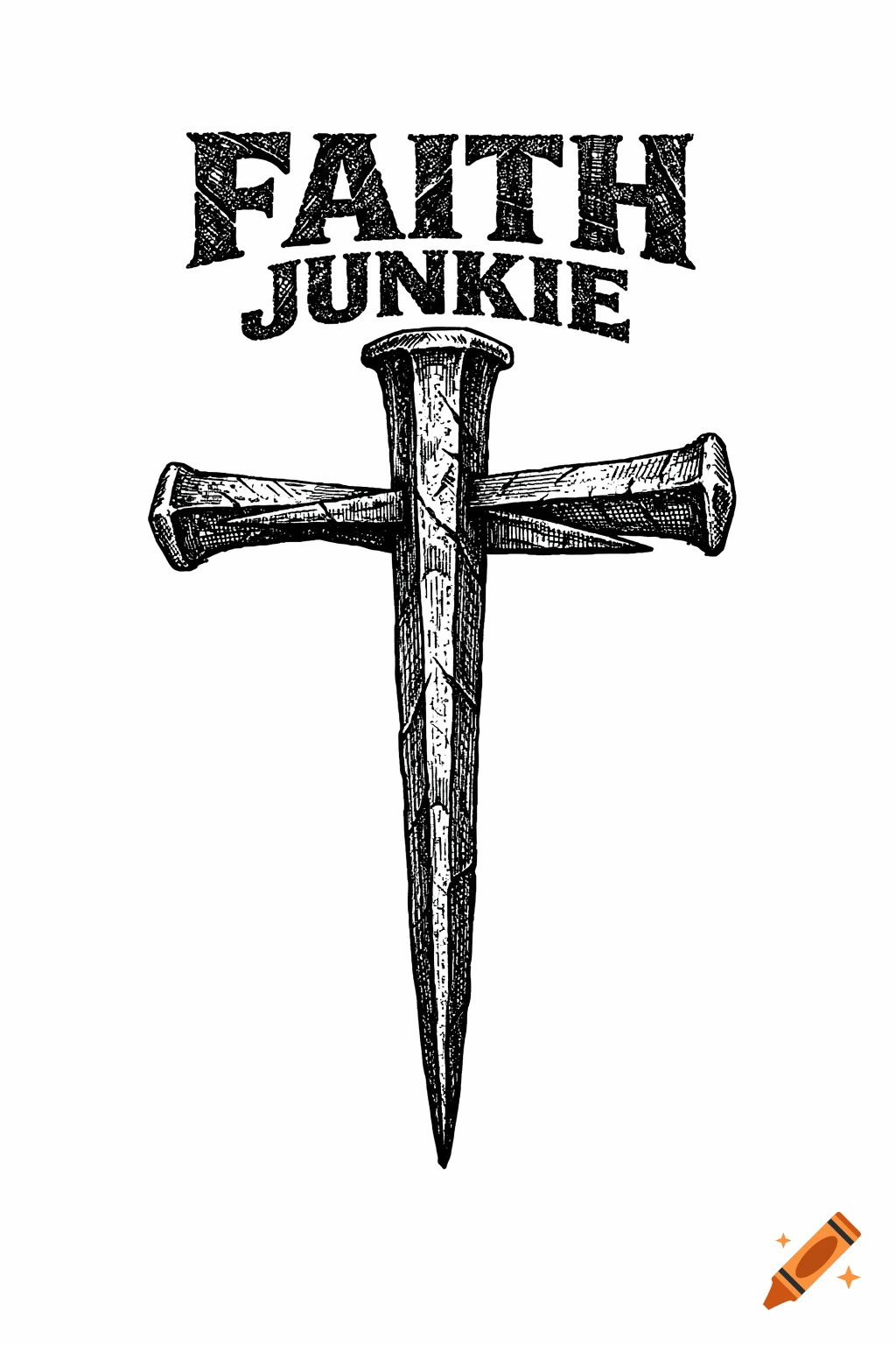 Black and white etched line art of a rugged Christian cross made from metal spikes, with 'FAITH JUNKIE' text above.