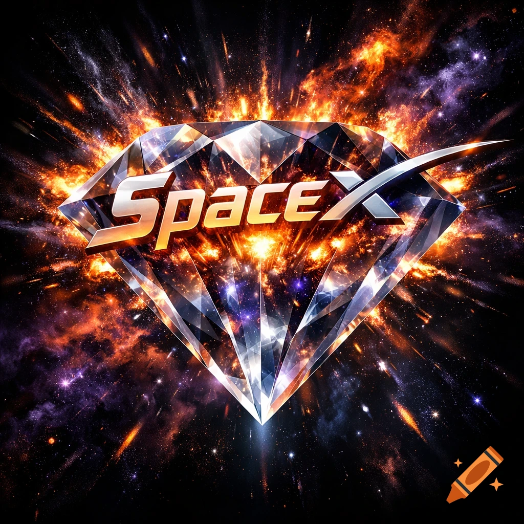 A shiny diamond with the word 'SpaceX' on it, surrounded by an orange and purple space explosion.